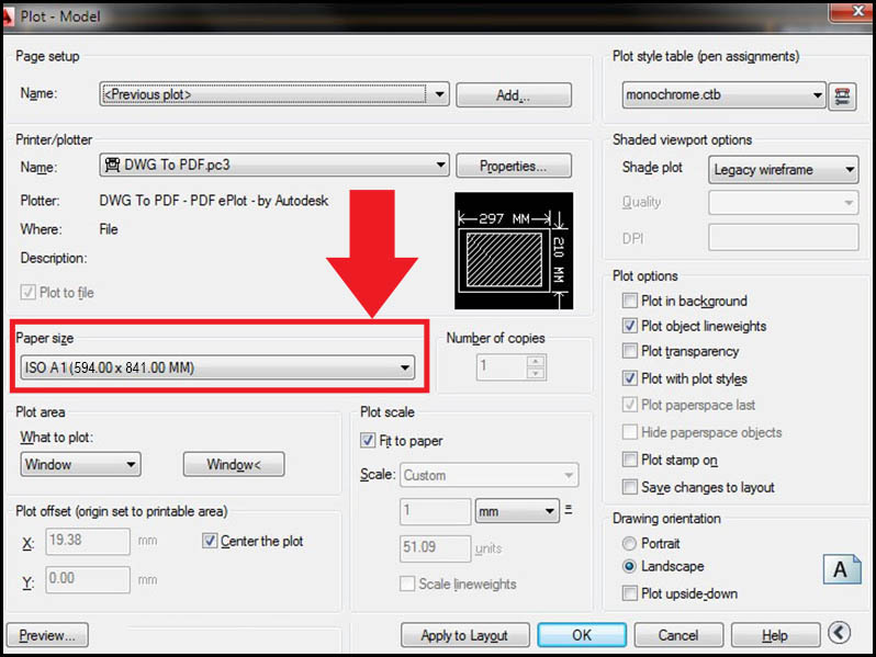 Chọn khổ giấy A1 trong hộp thoại Page Setup